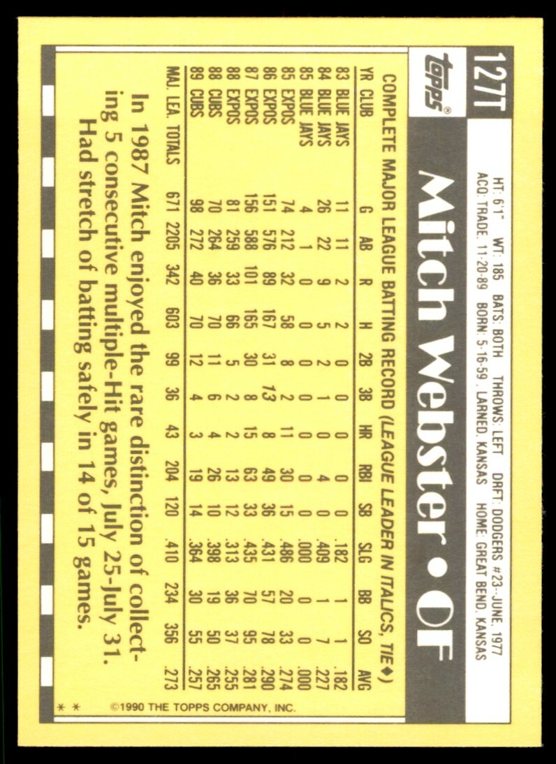 1990 Topps Traded Mitch Webster .  Cleveland Indians #127T