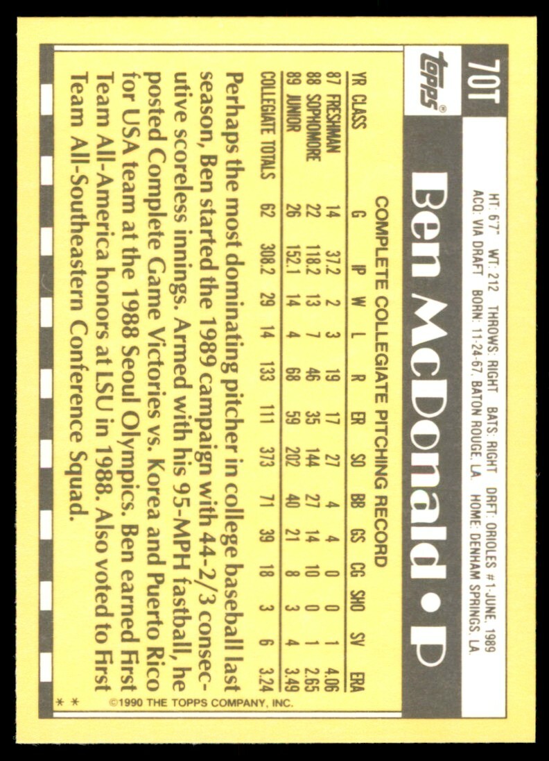 1990 Topps Traded Ben McDonald . Baltimore Orioles #70T