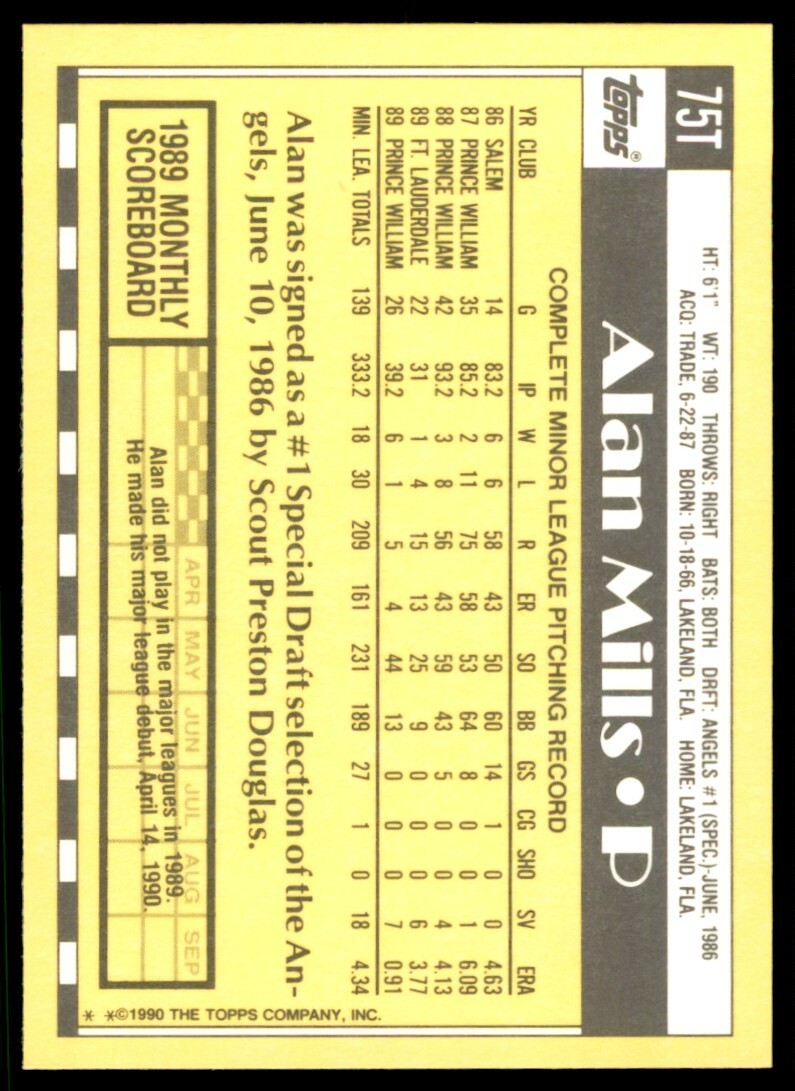 1990 Topps Traded Alan Mills Rookie . New York Yankees #75T