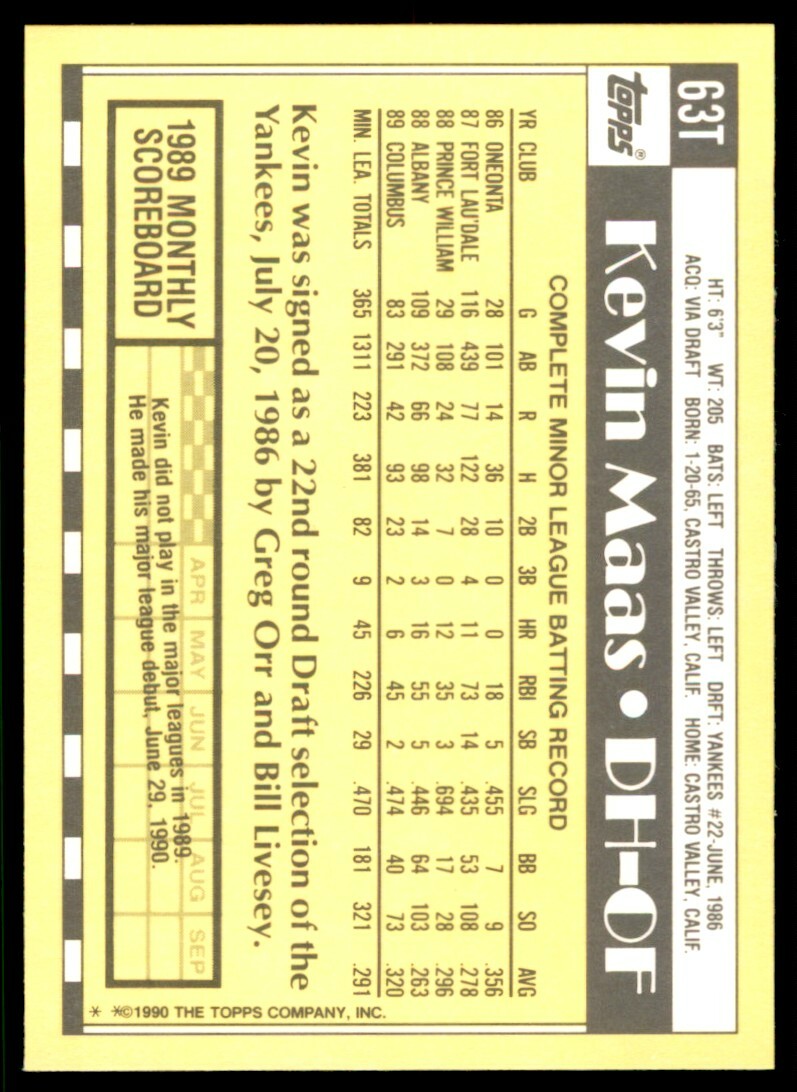 1990 Topps Traded Kevin Maas Rookie .  New York Yankees #63T