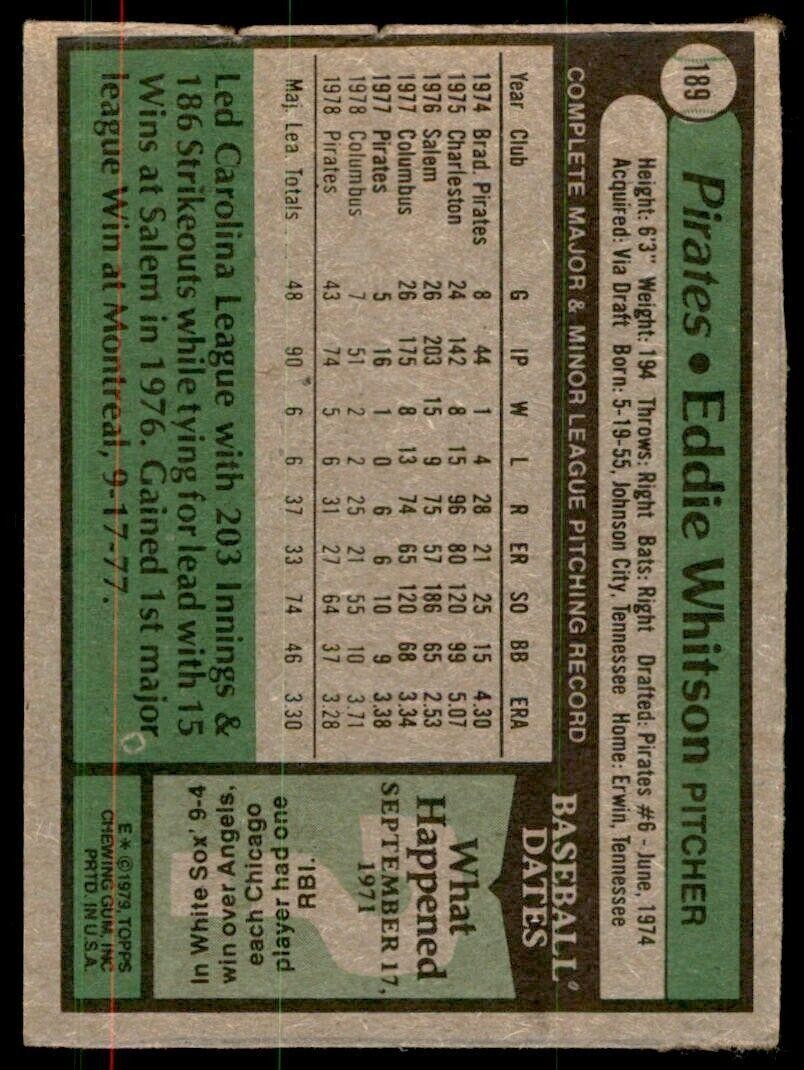 1979 Topps Baseball Eddie Whitson Rookie . Pittsburgh Pirates #189