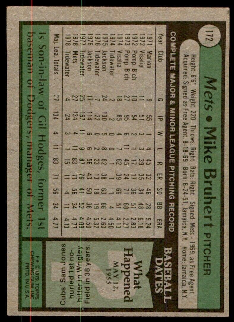 1979 Topps Mike Bruhert Rookie . New York Mets #172