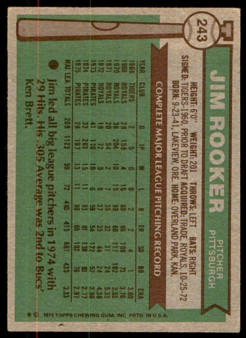 1976 Topps Jim Rooker . Pittsburgh Pirates #243