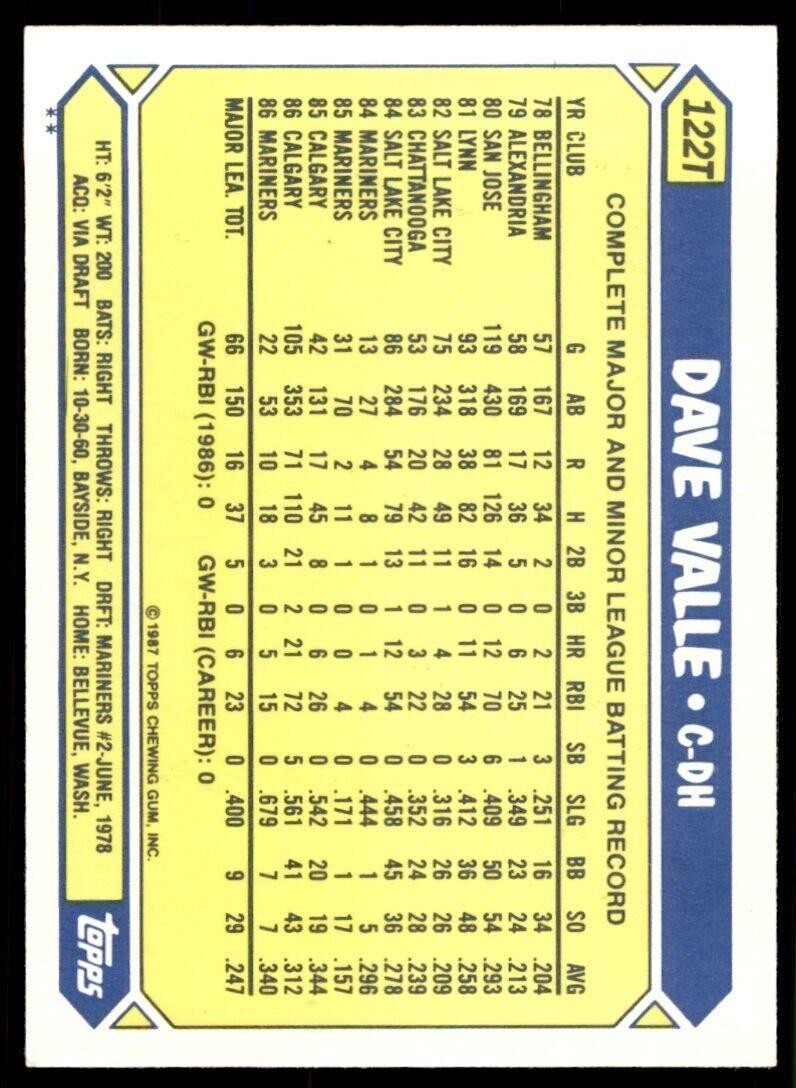 1987 Topps Traded Dave Valle . Seattle Mariners #122T