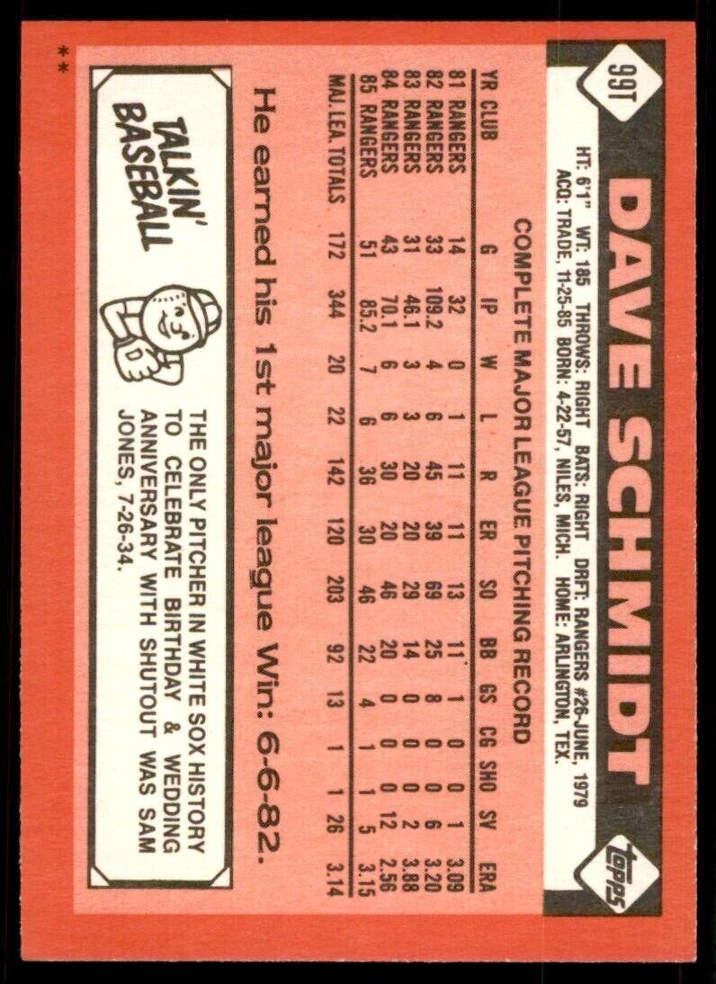 1986 Topps Traded Dave Schmidt . Chicago White Sox #99T