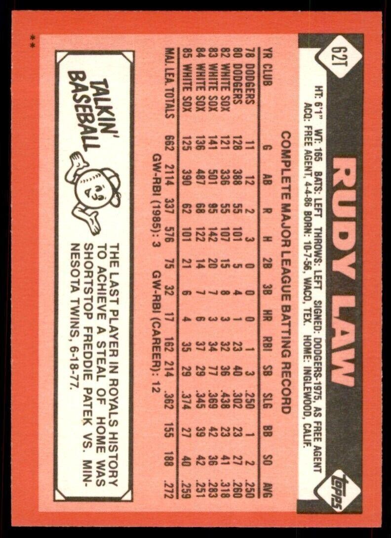 1986 Topps Traded Rudy Law . Kansas City Royals #62T