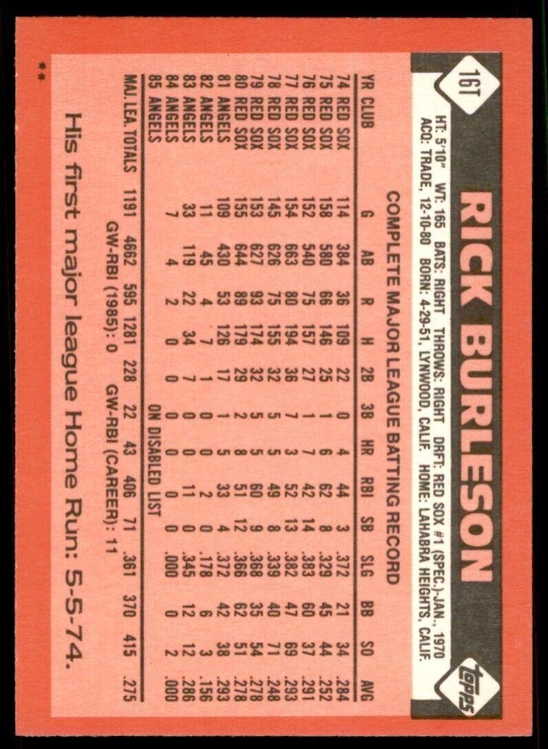1986 Topps Traded Rick Burleson . California Angels #16T