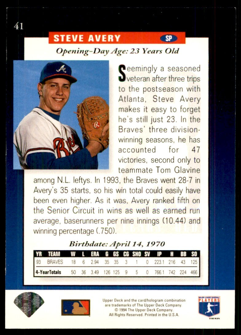 1994 Upper Deck Electric Diamond The Future Is Now Steve Avery . Atlanta Braves