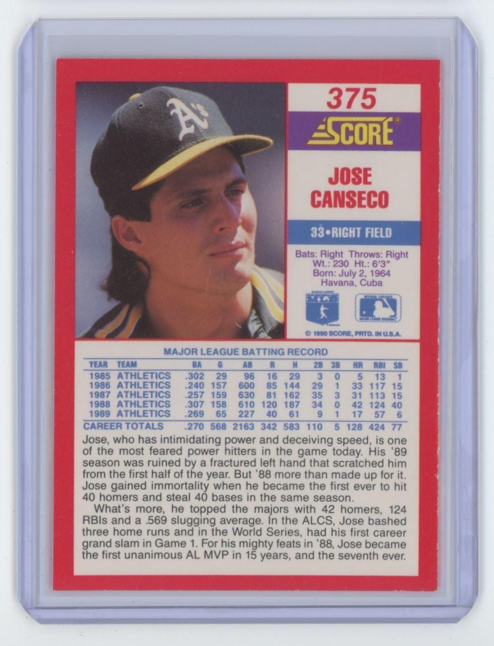 1990 Score Jose Canseco Oakland Athletics #375