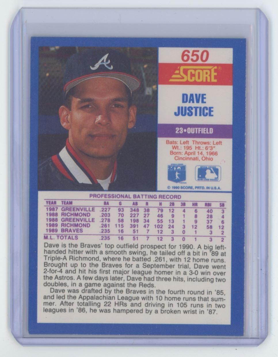 1990 Score Dave Justice Atlanta Braves #650