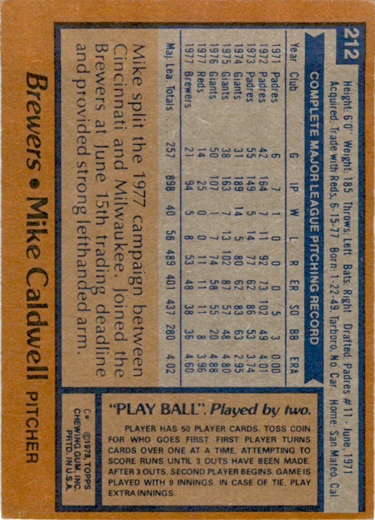 1978 Topps Mike Caldwell . Milwaukee Brewers #212