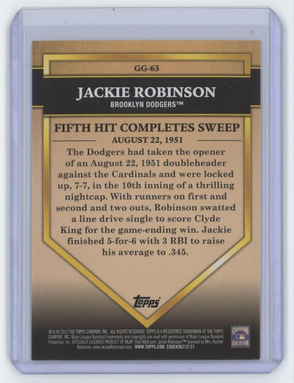 2012 Topps Golden Greats Jackie Robinson Brooklyn Dodgers #GG-63