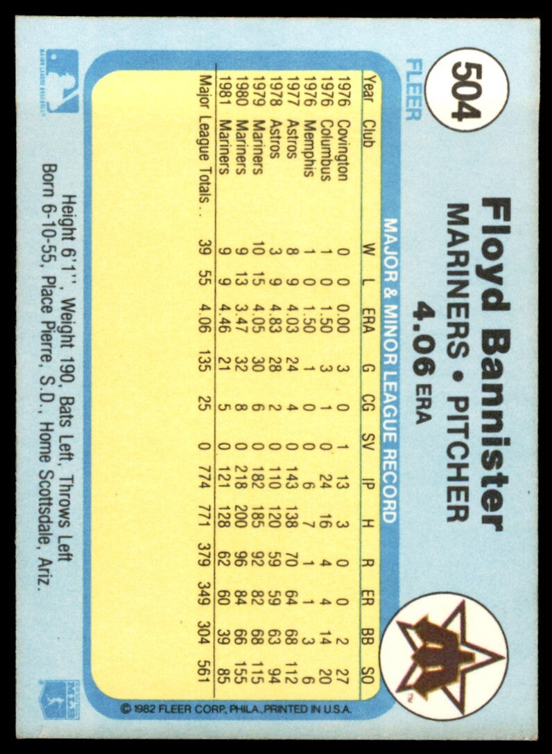 1982 Fleer Floyd Bannister .  Seattle Mariners #504