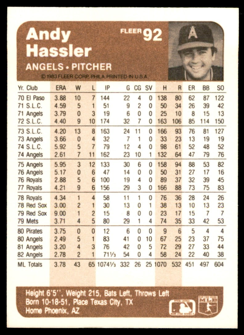 1983 Fleer Andy Hassler .  California Angels #92