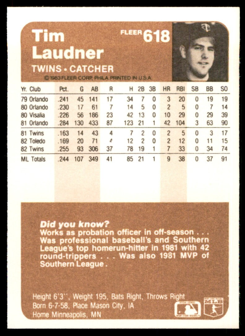 1983 Fleer Tim Laudner . Minnesota Twins #618