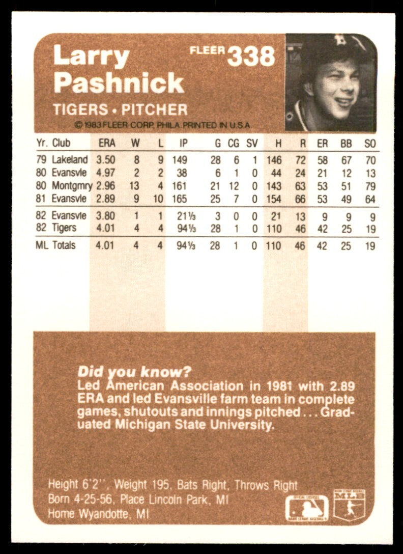 1983 Fleer Larry Pashnick Rookie . Detroit Tigers #338