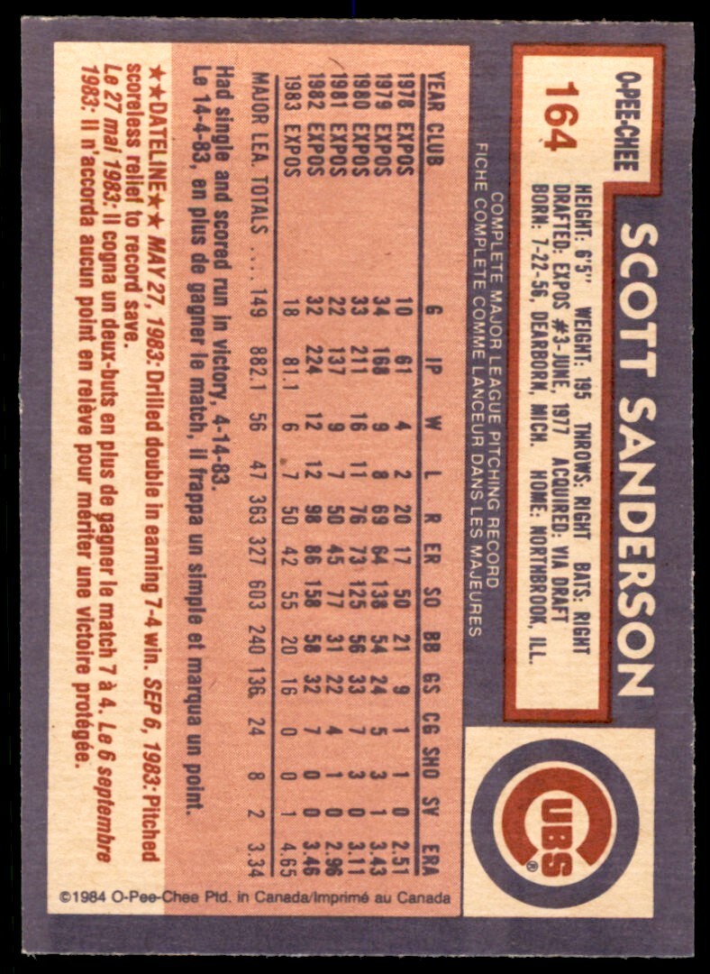 1984 O-Pee-Chee Scott Sanderson . Chicago Cubs #164