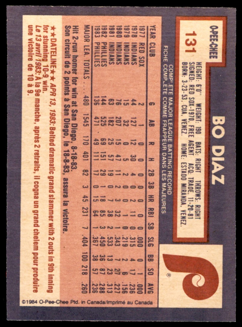 1984 O-Pee-Chee Bo Diaz . Philadelphia Phillies #131
