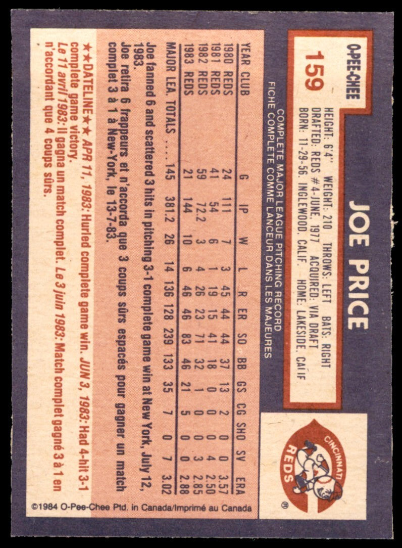 1984 O-Pee-Chee Joe Price .  Cincinnati Reds #159