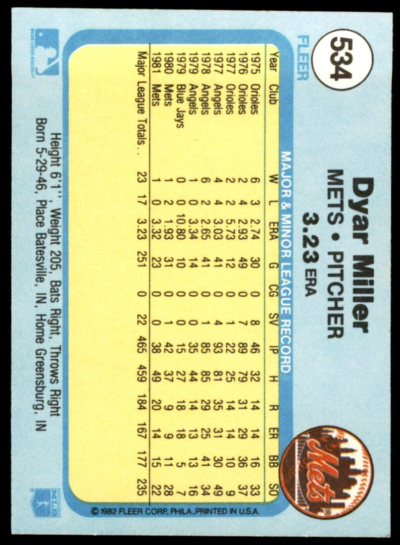 1982 Fleer Dyar Miller .  New York Mets #534