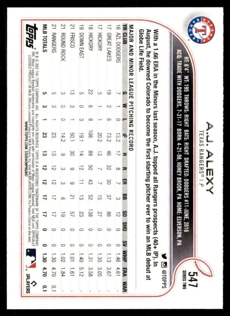 2022 Topps A.J. Alexy Texas Rangers #547
