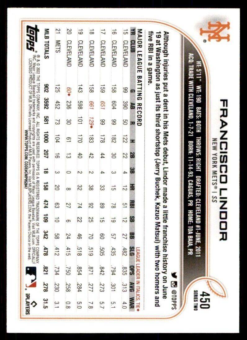 2022 Topps Francisco Lindor New York Mets #450