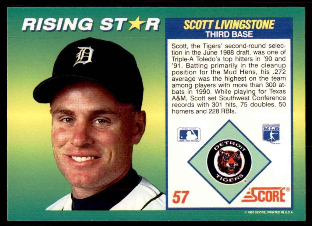 1992 Score Rising Stars Scott Livingstone Rookie Detroit Tigers #57