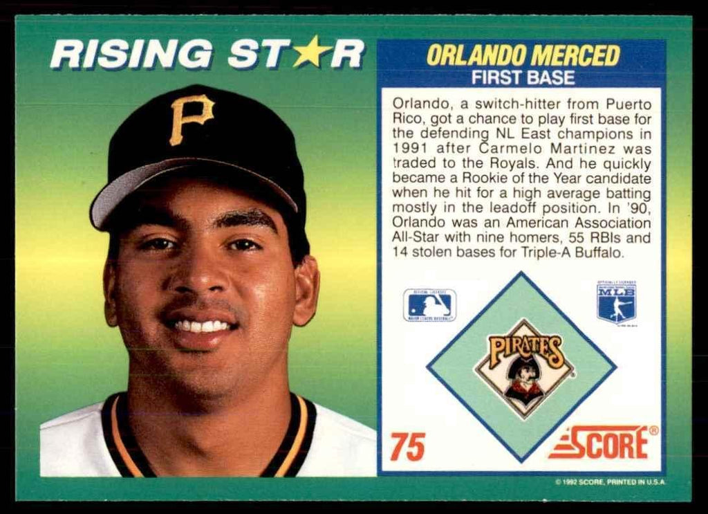1992 Score Rising Stars Orlando Merced Rookie Pittsburgh Pirates #75