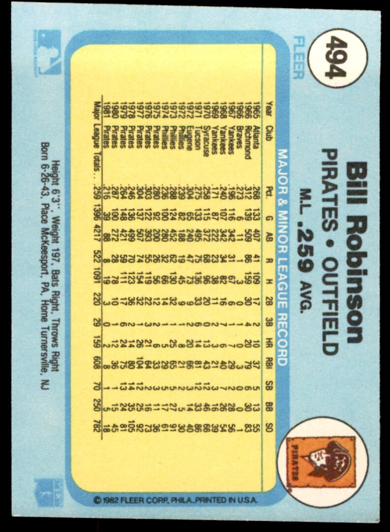 1982 Fleer Bill Robinson . Pittsburgh Pirates #494