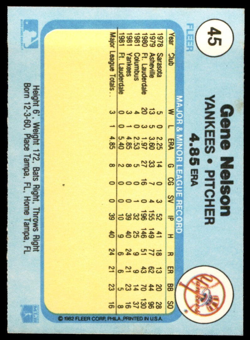 1982 Fleer Gene Nelson Rookie .  New York Yankees #45