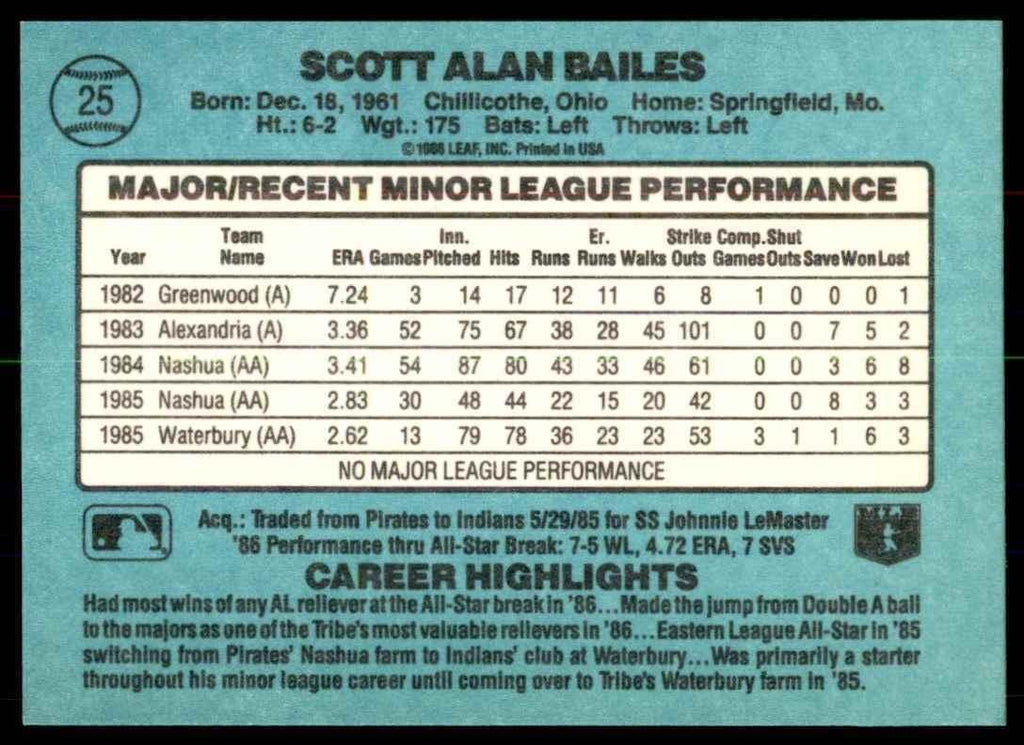 1986 Donruss The Rookies Scott Bailes Rookie Cleveland Indians #25