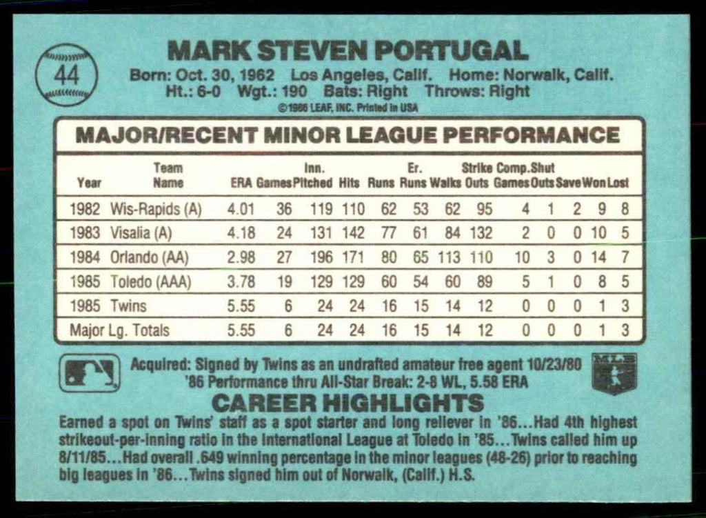 1986 Donruss The Rookies Mark Portugal Rookie Minnesota Twins #44