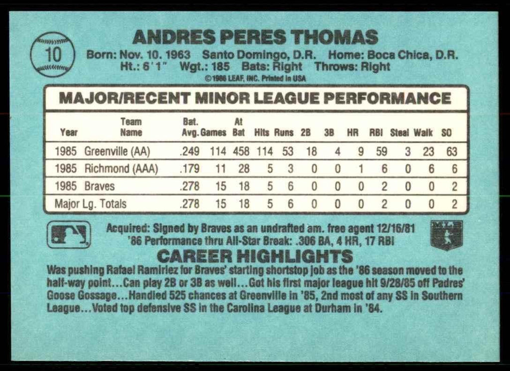 1986 Donruss The Rookies Andres Thomas Rookie Atlanta Braves #10
