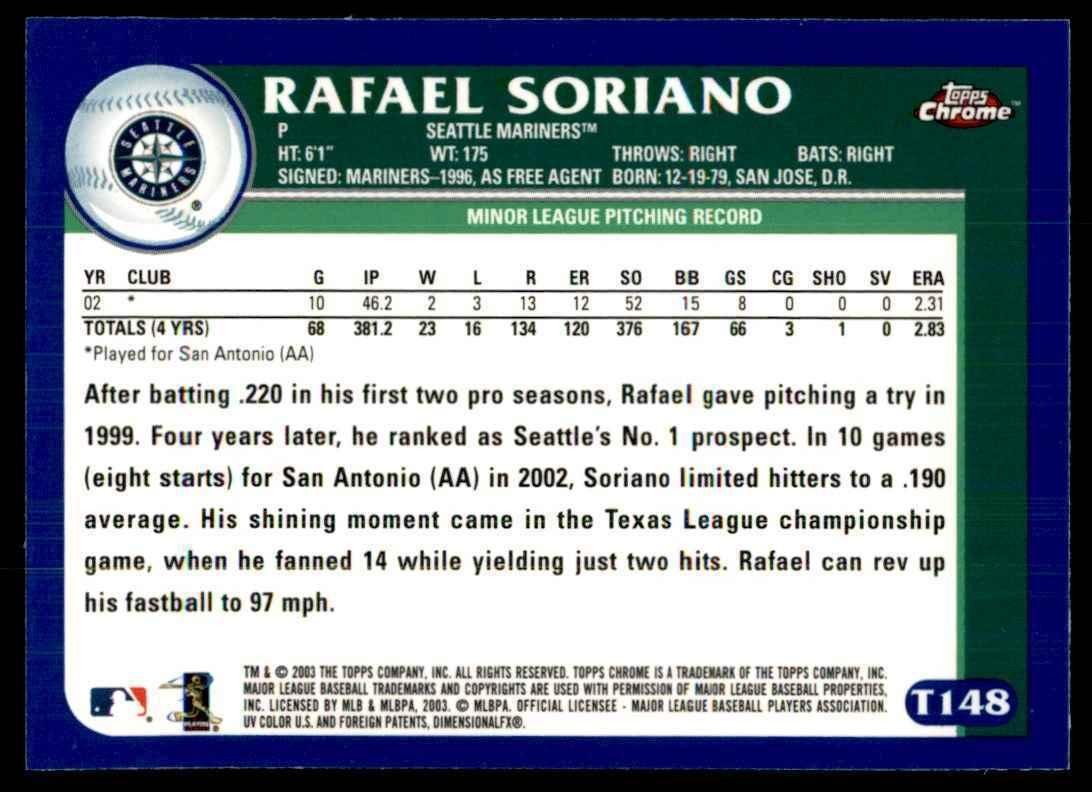 2003 Topps Chrome Rafael Soriano Seattle Mariners #T148