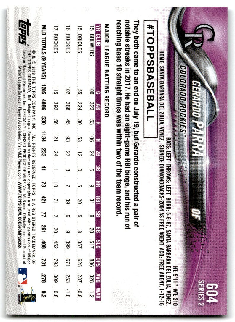 2018 Topps Gerardo Parra .  Colorado Rockies #604