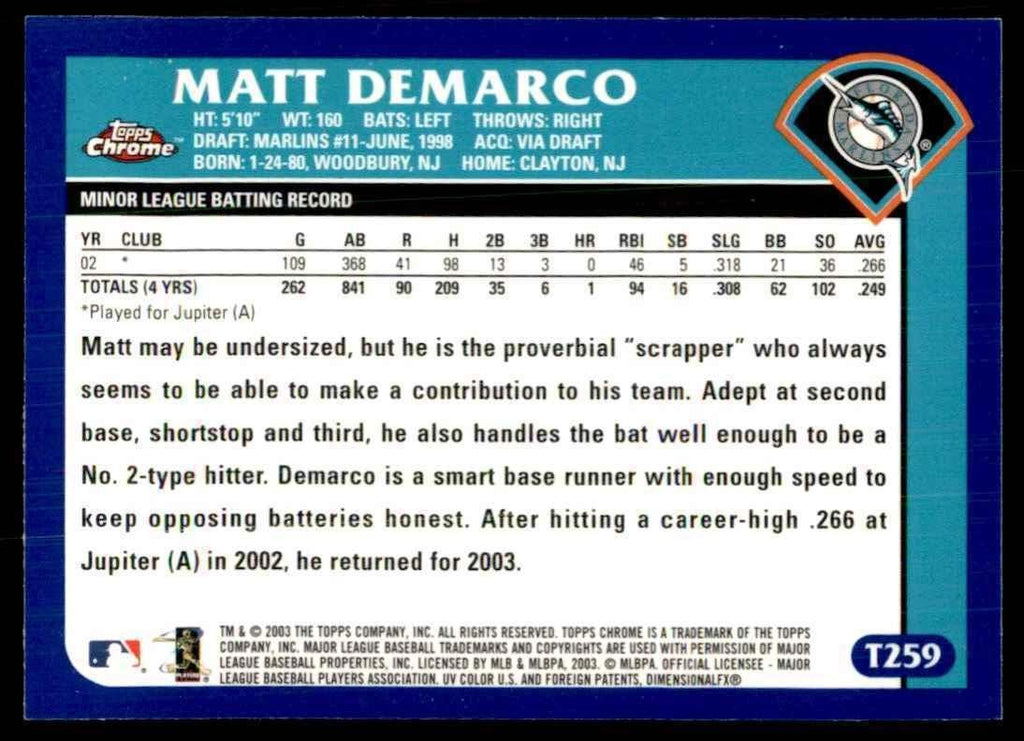 2003 Topps Chrome Matt DeMarco Florida Marlins #T259