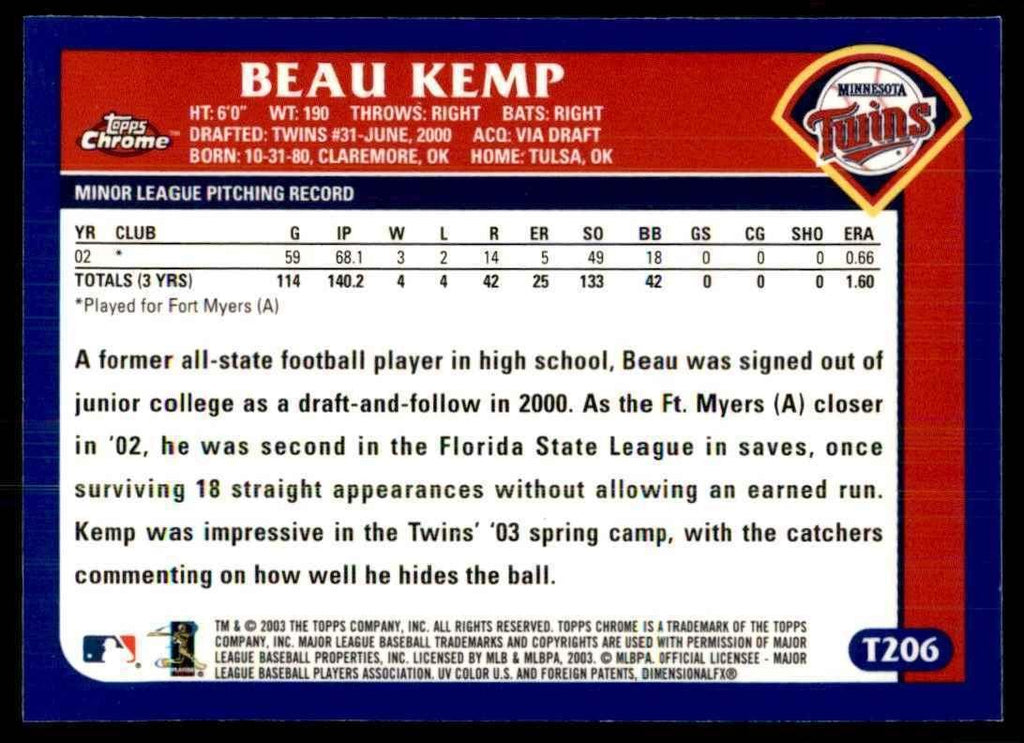 2003 Topps Chrome Beau Kemp Minnesota Twins #T206