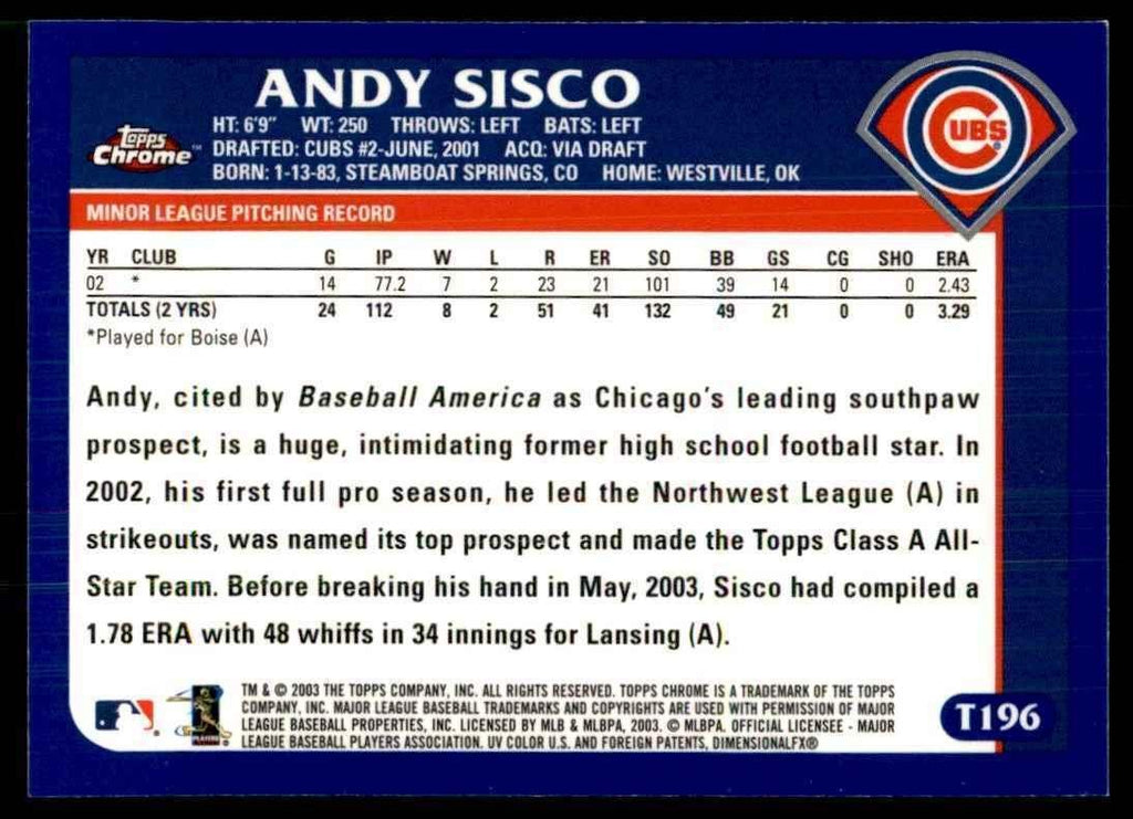 2003 Topps Chrome Andrew Sisco Chicago Cubs #T196