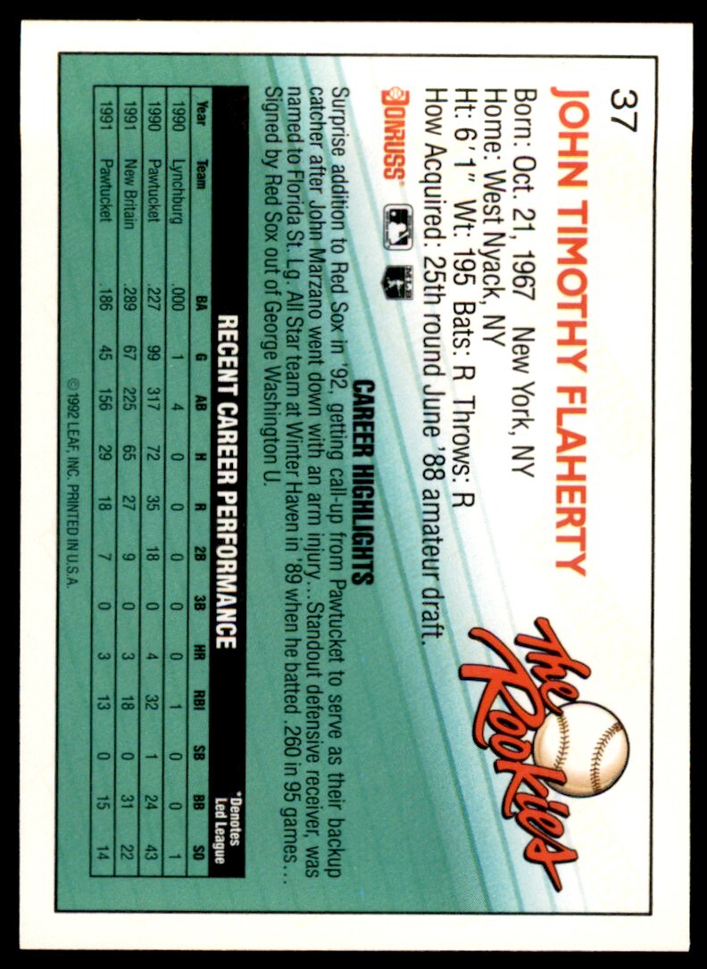 1992 Donruss The Rookies John Flaherty Rookie .  Boston Red Sox #37