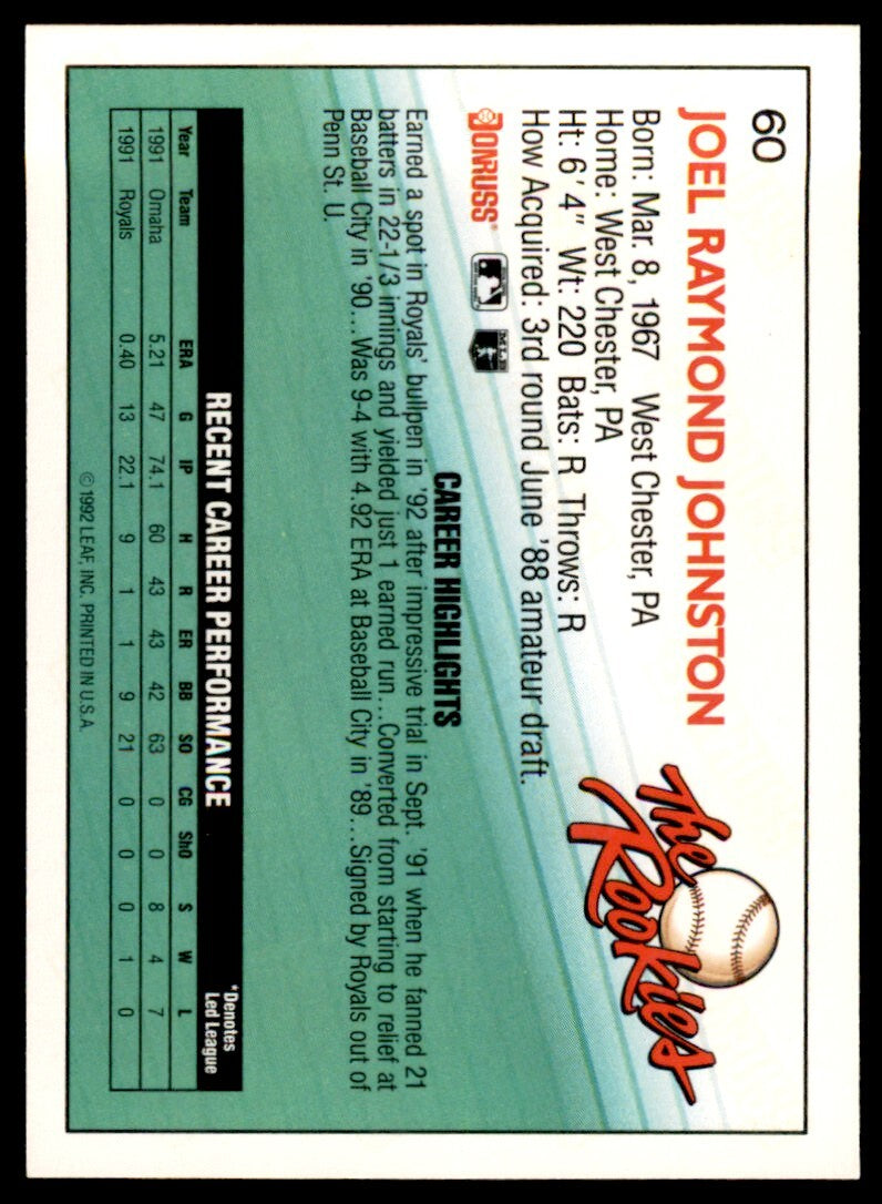 1992 Donruss The Rookies Joel Johnston .  Kansas City Royals #60