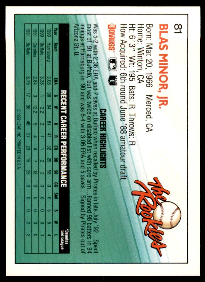 1992 Donruss The Rookies Blas Minor Rookie .  Pittsburgh Pirates #81
