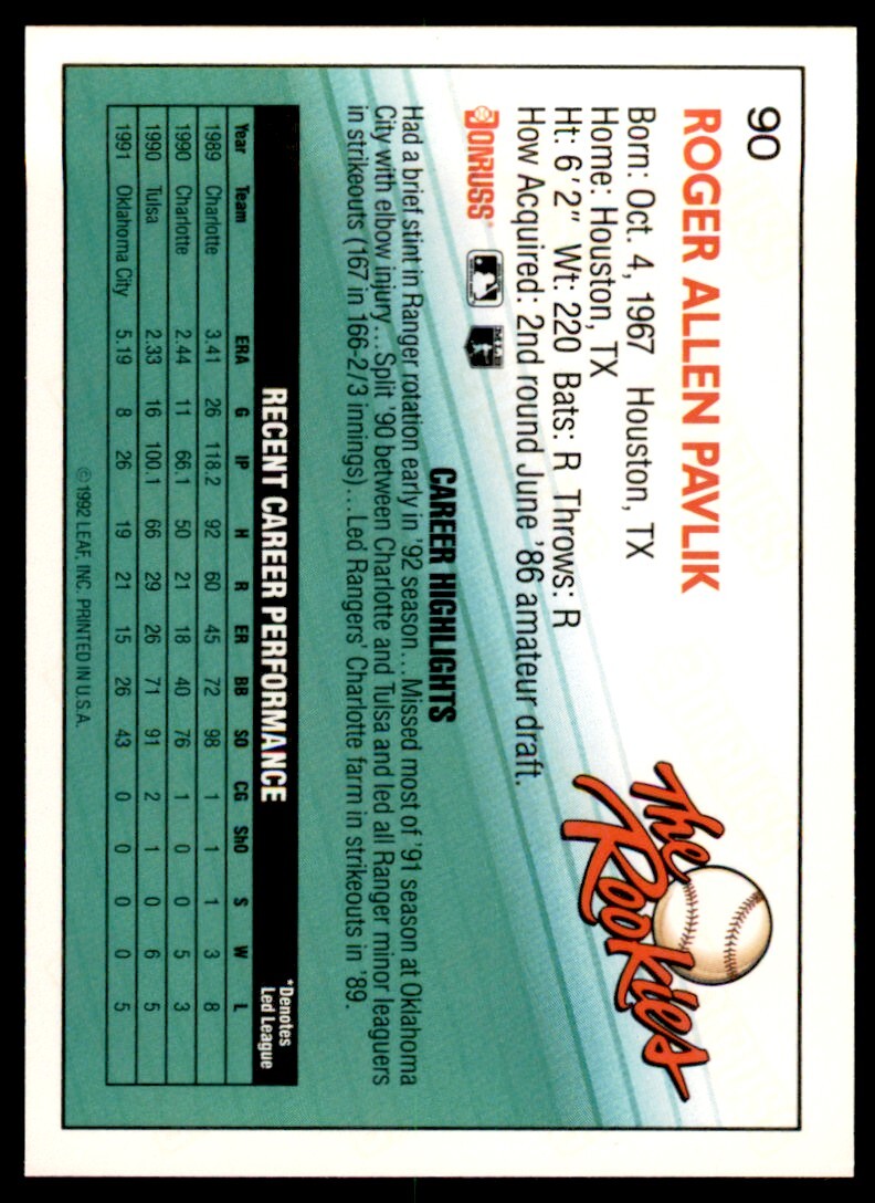 1992 Donruss The Rookies Roger Pavlik .  Texas Rangers #90