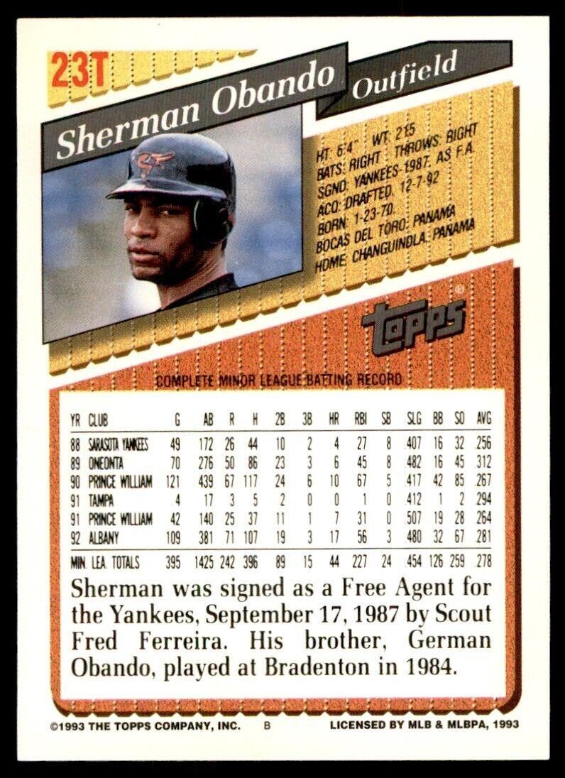 1993 Topps Traded Sherman Obando Baltimore Orioles #23T