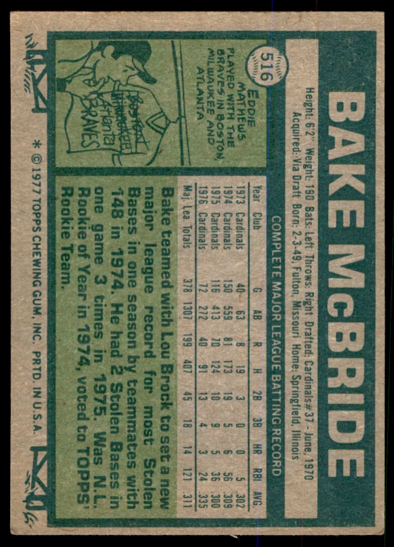 1977 Topps Bake McBride .  St. Louis Cardinals #516
