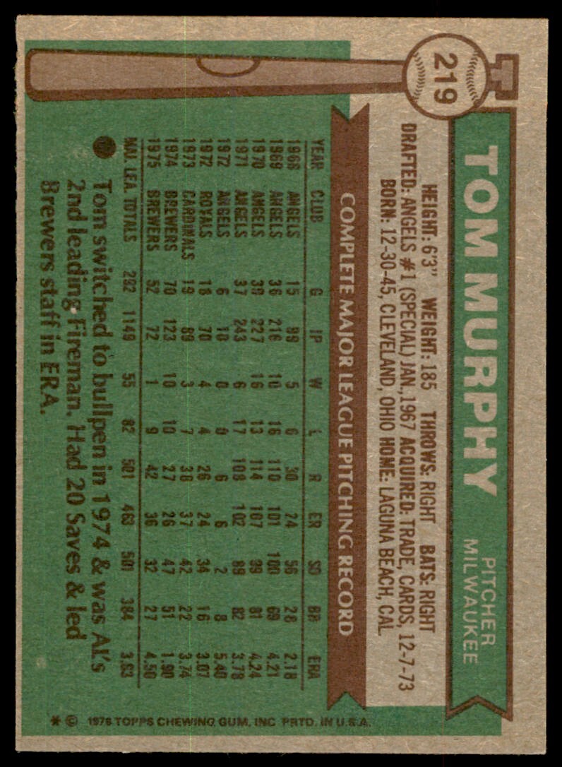 1976 Topps Tom Murphy .  Milwaukee Brewers #219