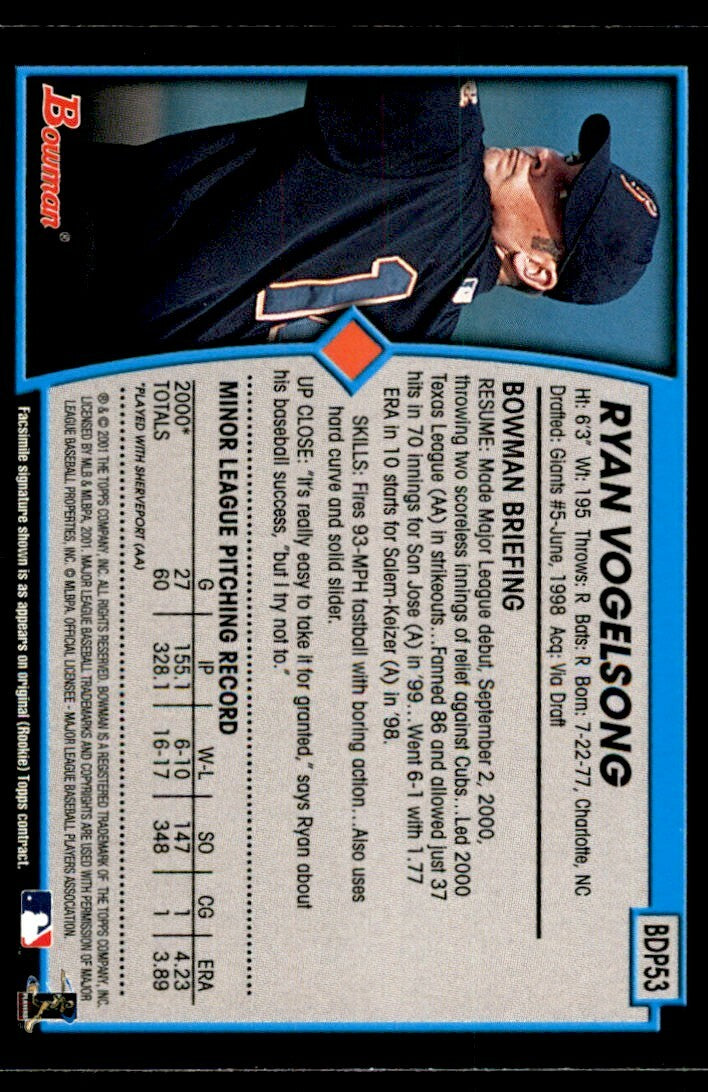 2001 Bowman Draft Picks & Prospects Ryan Vogelsong San Francisco Giants #BDP53