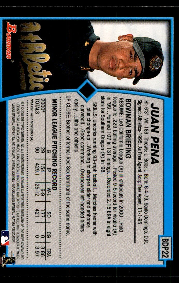 2001 Bowman Draft Picks & Prospects Juan A. Pena Rookie Oakland Athletics #BDP22