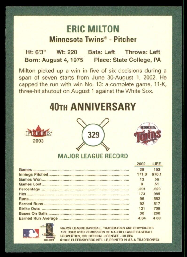2003 Fleer Tradition Eric Milton Minnesota Twins #329