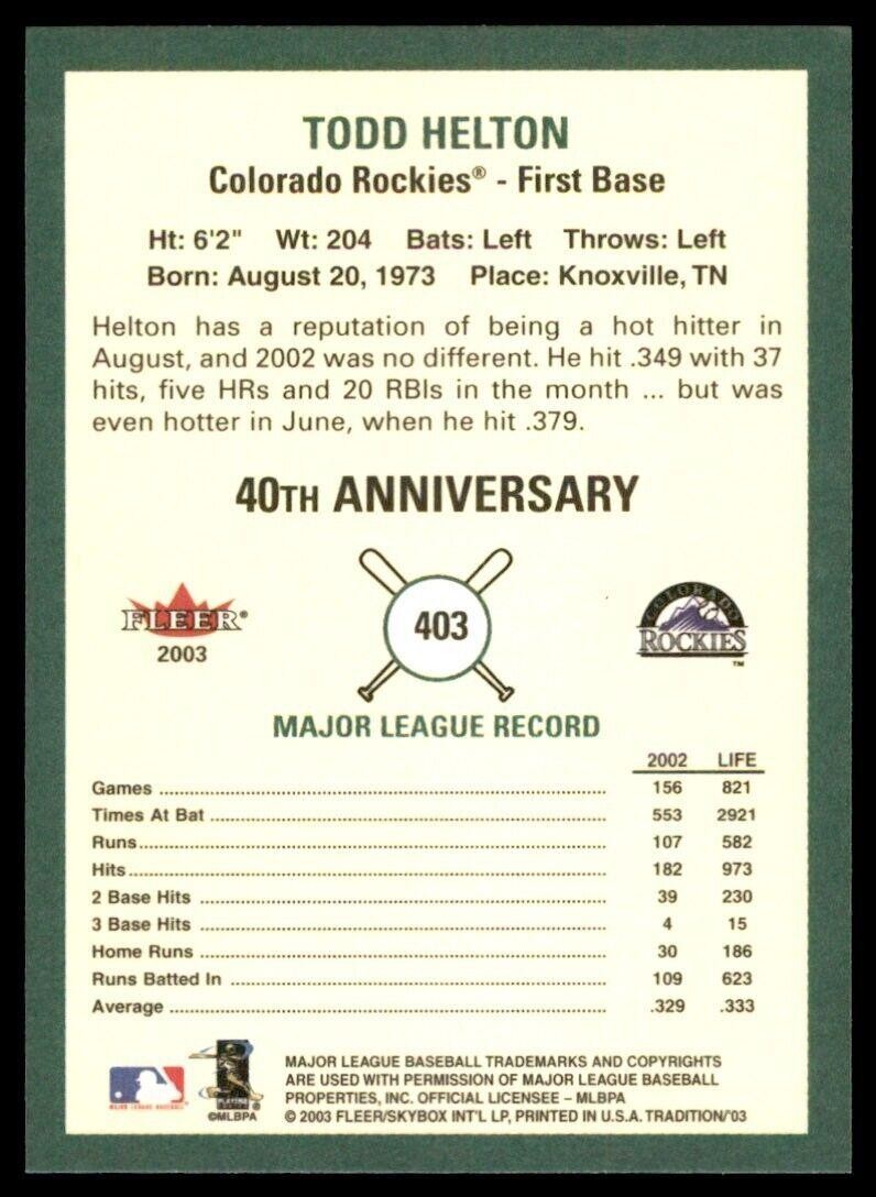 2003 Fleer Tradition Todd Helton Colorado Rockies #403