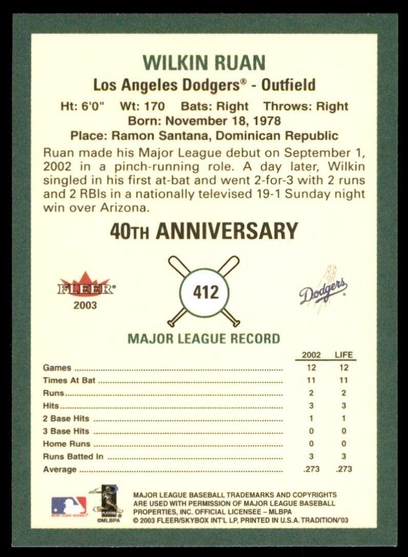 2003 Fleer Tradition Wilkin Ruan Los Angeles Dodgers #412